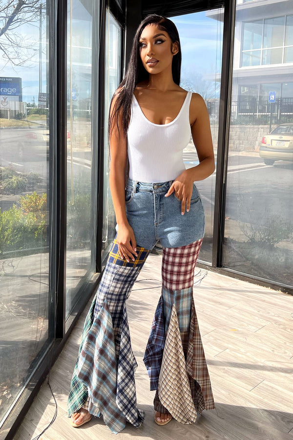 Slow Jams Multi Pattern Plaid Jeans - Multi - EDGEbyKS